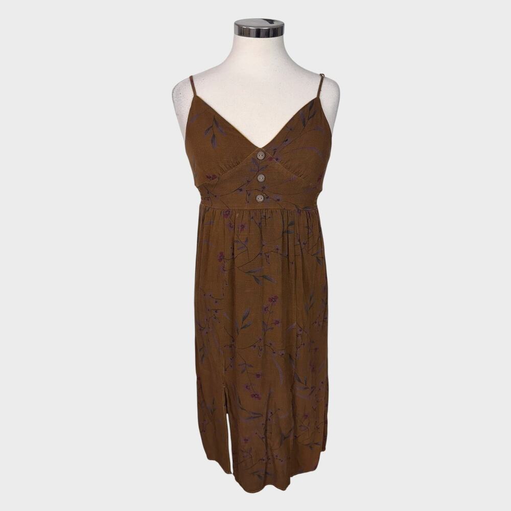 One Heart Clothing Brown Floral Button Small 100% Rayon Dress Strappy
